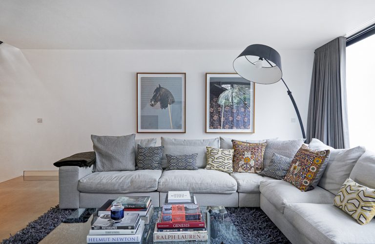 Hurst N6 - grey sofa and large overhead lamp - london houses - shootfactory location