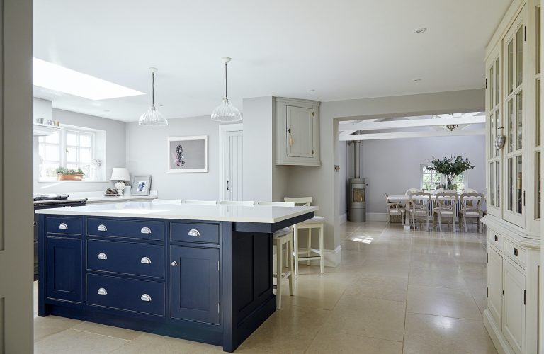 Wisteria House kitchen with large blue island unit