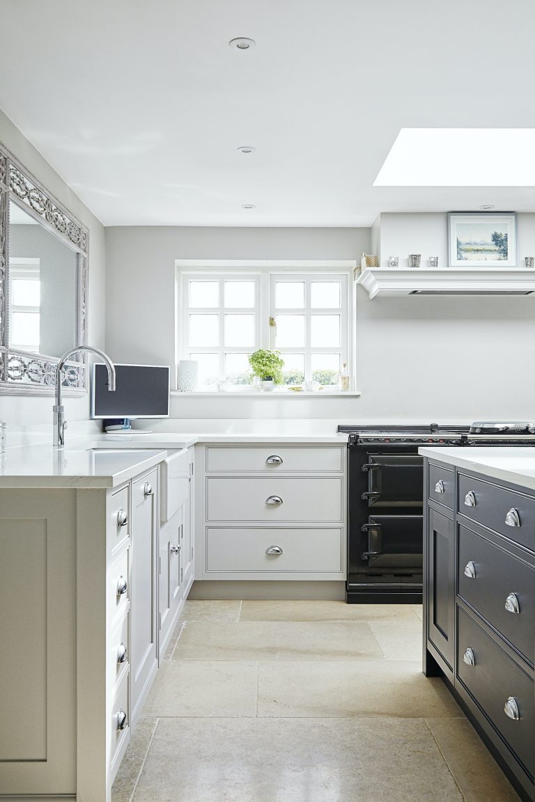 Wisteria House kitchen with shaker style painted cabinets