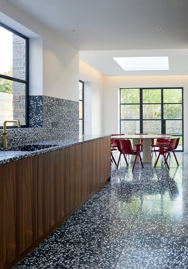 Kitchen with rosewood cabinets, Terrazzo floors and work surfaces / BROOKE LONDON, E5 - Newly Restored Location House - SHOOTFACTORY