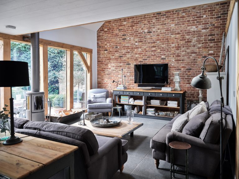 LOG BURNING STOVE - FLOOR TO CEILING LOUNG WINDOW AND EXPOSED BRICK WALL - HAGUE BARN HENLEY ON THAMES, RG9 - SHOOTFACTORY - OTHER UK LOCATION HOUSE