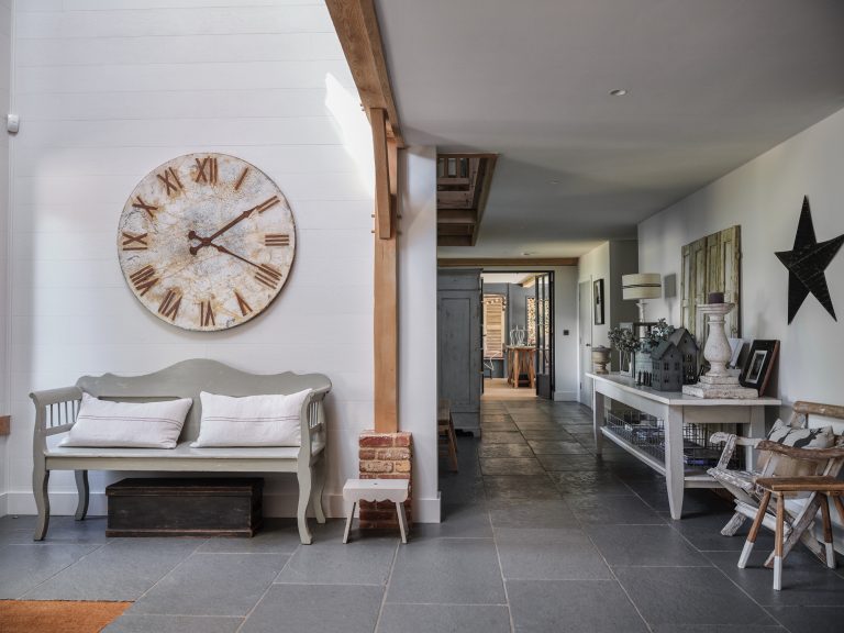 HUGE WALL MOUNTED CLOCK FACE - RUSTIC WOODEN BENCH - CONSOLE TABLE AND CHAIR - HAGUE BARN HENLEY ON THAMES, RG9 - SHOOTFACTORY - OTHER UK LOCATION HOUSE