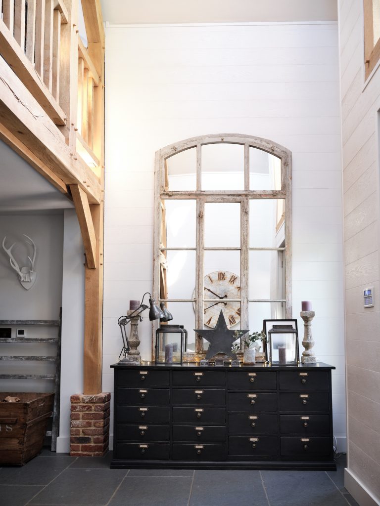 DOUBLE HEIGHT ENTRANCE HALL WITH INDUSTRIAL OFFICE FILING CABINET AND MIRROR - HAGUE BARN HENLEY ON THAMES, RG9 - SHOOTFACTORY - OTHER UK LOCATION HOUSE