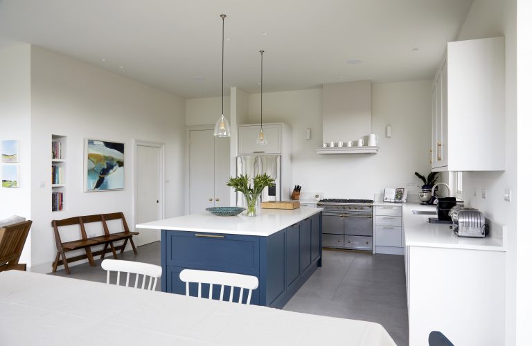 Blue and white open plan kitchen - Melrose SW18 - Shootfactory - London Location House