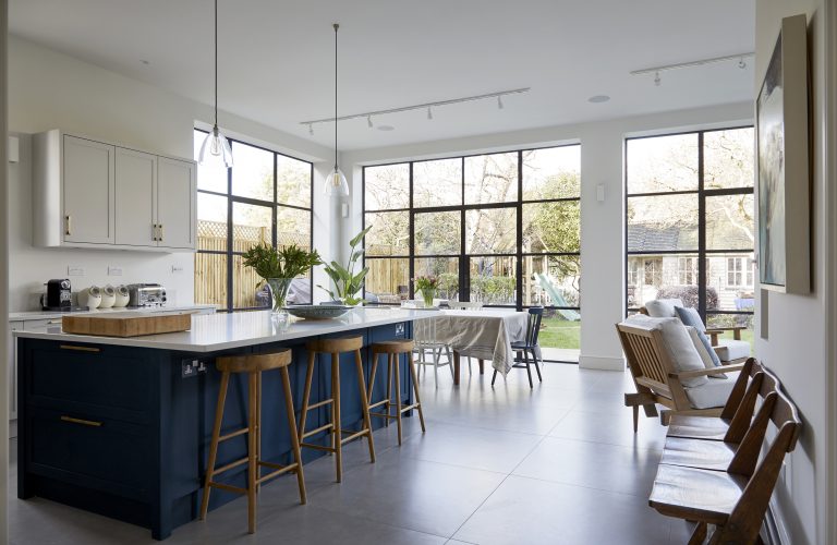 Open plan kitchen dining with large steel framed crittel doors that open onto garden - Melrose SW18 - Shootfactory - London Location House